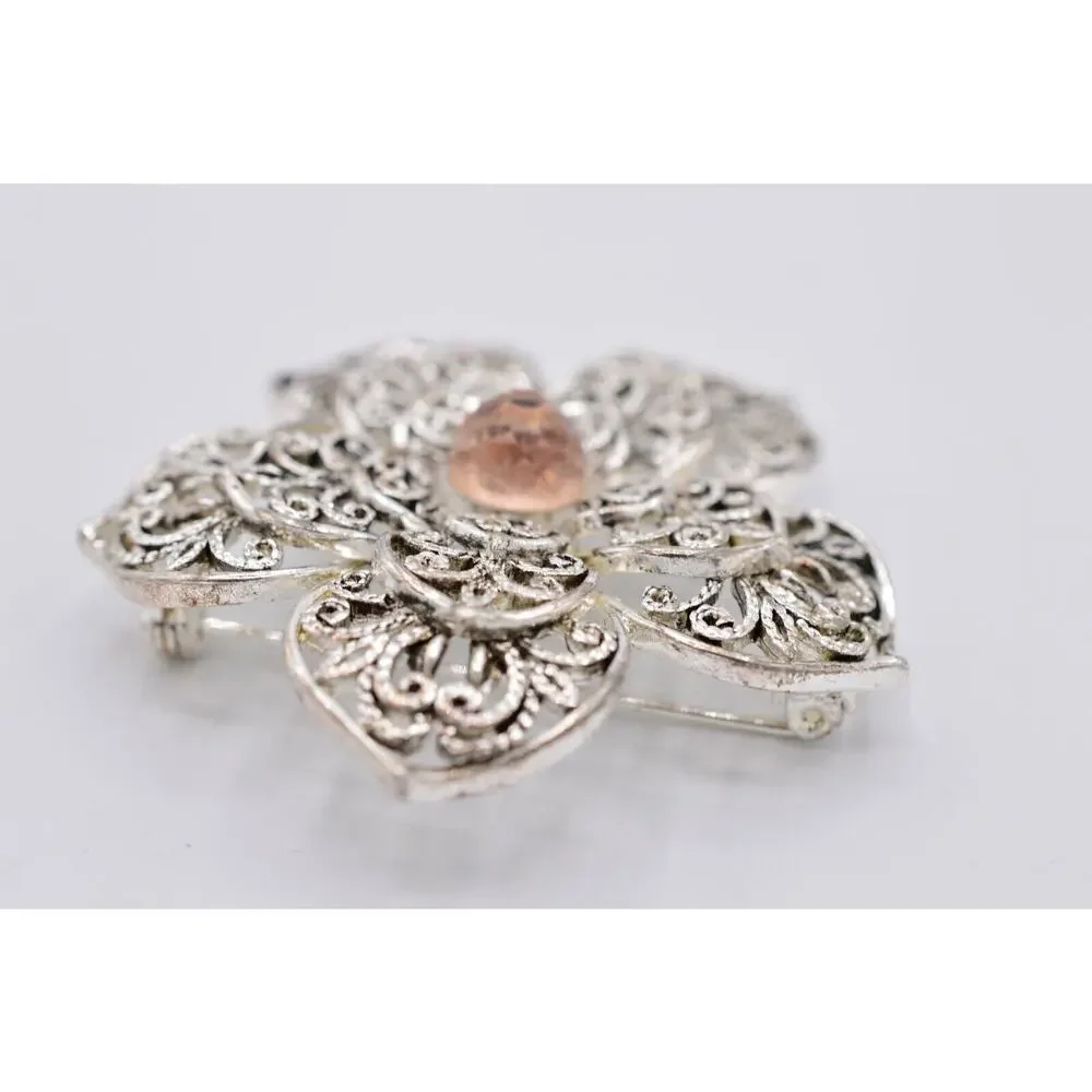 Monet Vintage Pin Brooch Silver Filigree Pink Crystal Flower Shiny Signed Bin5B
